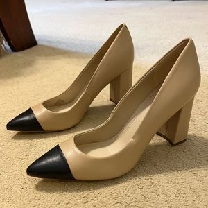 New Marc Fisher block heel cap toe pumps, tan and black, size 9.5